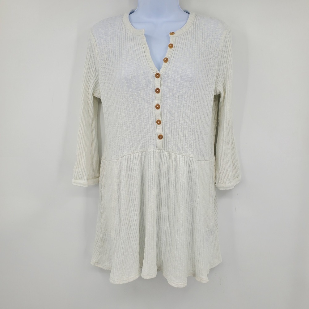 FP Beach Free People Ribbed Henley Mini Dress 3/4 Sleeve XS Boho Beachy Coastal